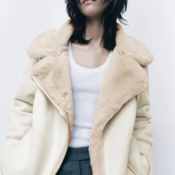 ZARA Women's Faux Suede Double Faced Long Jacket(Ecru, US L/EUR L) - Picture 3 of 16